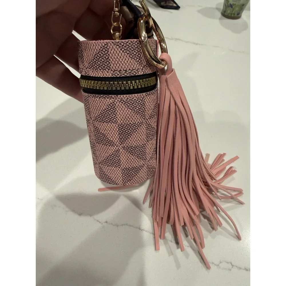 Pink Faux Leather Tassel Keychain Coin Pouch, Geometric Pattern, Zipper